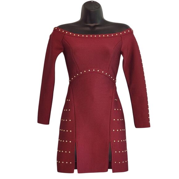 Topshop bodycon dress off shoulder studded burgundy size 2 - Picture 1 of 9
